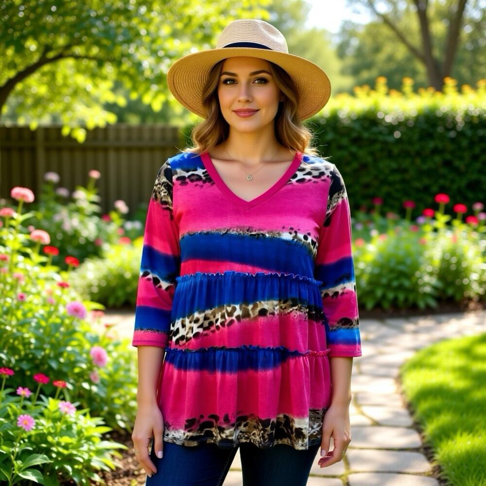SewinLove Women L Pink Multi Color Pattern 3/4 Sleeves V-Neck Tiered Top New